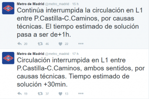 Comunicado de Metro de Madrid a través de la red social Twitter. /Twitter metro de Madrid.